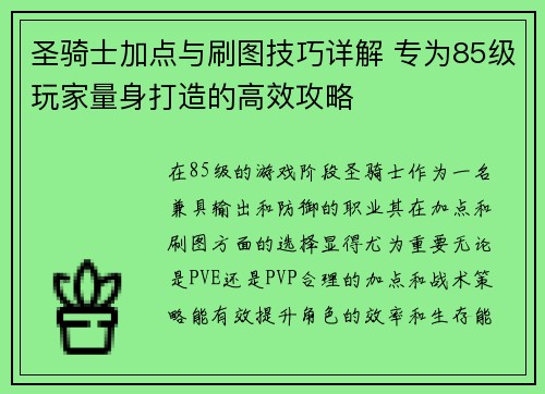 圣骑士加点与刷图技巧详解 专为85级玩家量身打造的高效攻略 圣骑士加点与刷图技巧详解 专为85级玩家量身打造的高效攻略